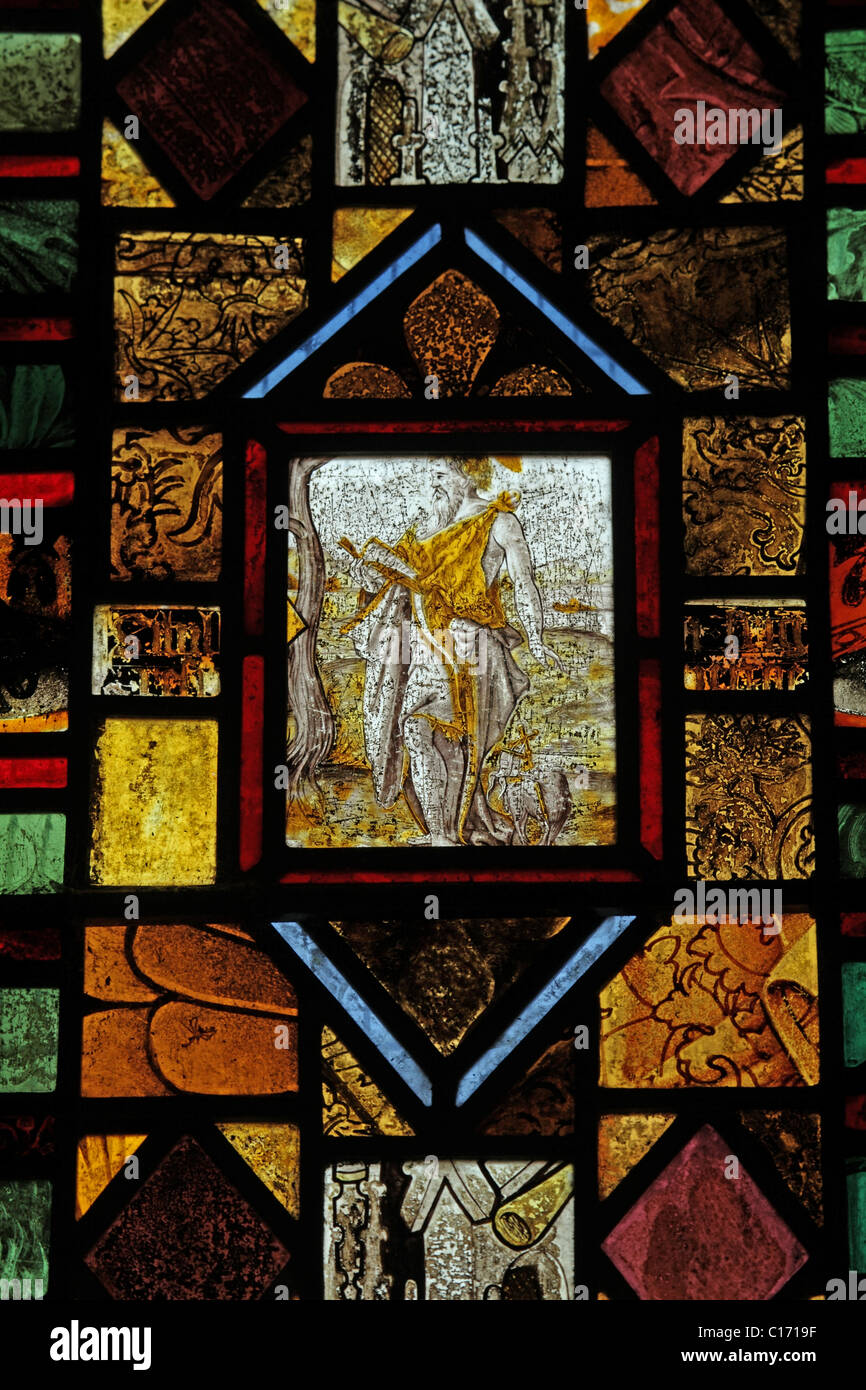 A medieval stained glass window with inset 16th century German glass, St Cuthbert's Church