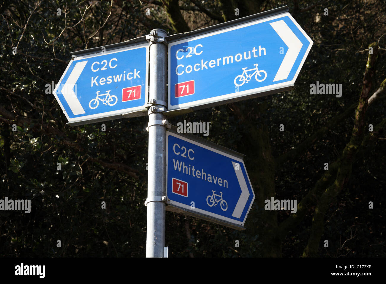 Direction Signs on the Coast to Coast National Cycle Trail near Keswick and Cockermouth, Cumbria Stock Photo