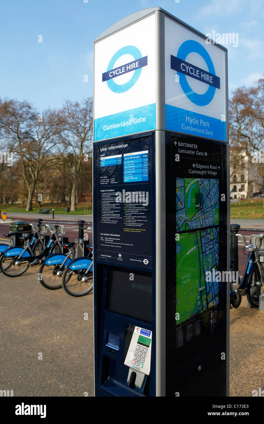 A Barclays Cycle Hire station at Cumberland Gate in London, England. Stock Photo
