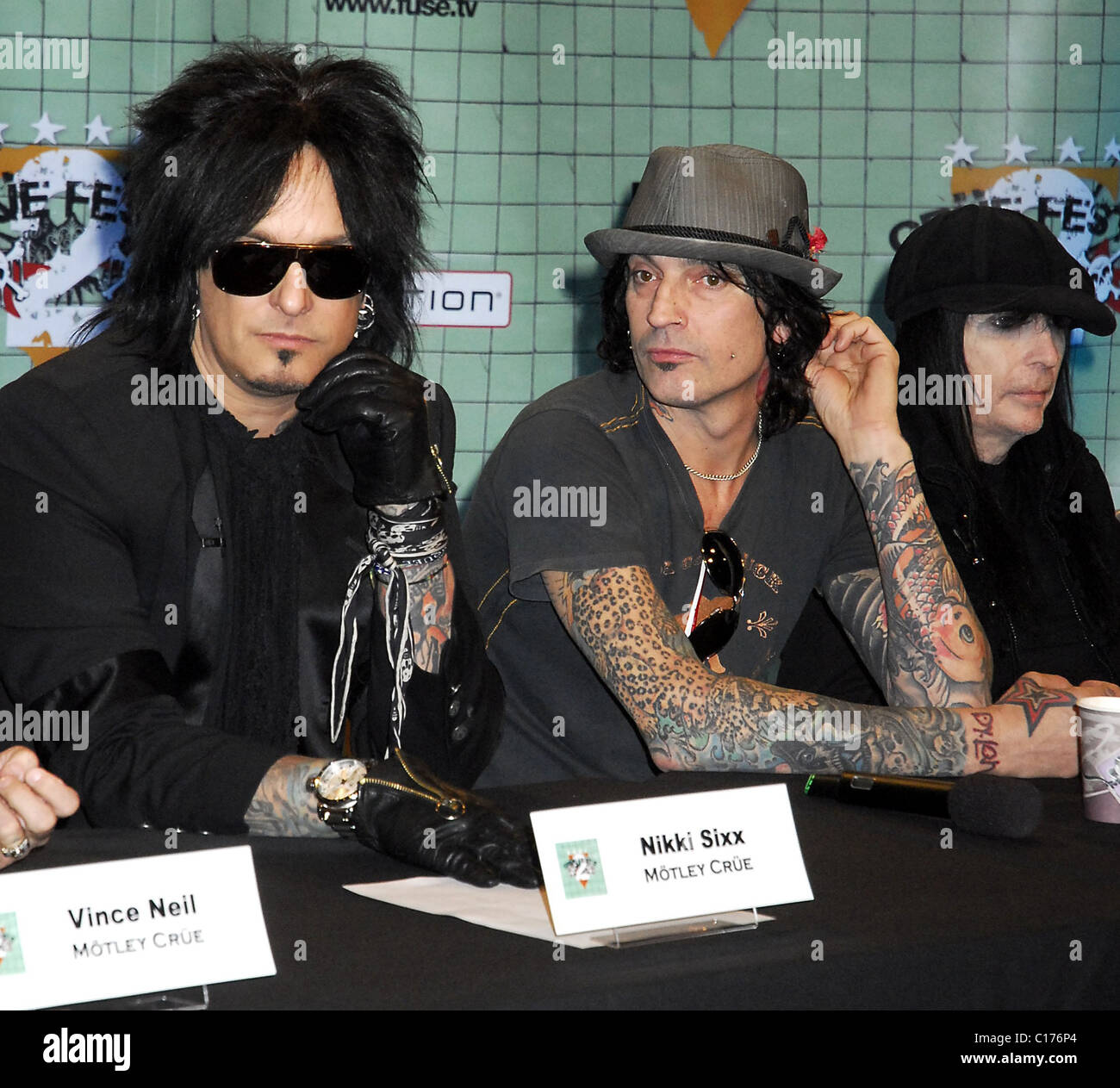 Nikki Sixx, Tommy Lee and Mick Mars, of Motley Crue attend the Crue Fest 2  line up press conference at Fuse studios New York Stock Photo - Alamy