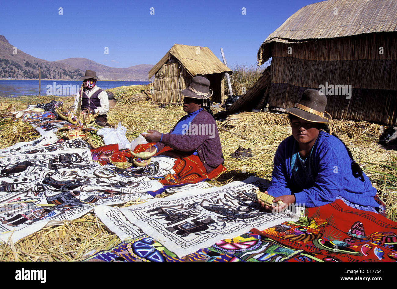 Peru, Puno Department, on the lake Titicaca (3822 m), the Indians Uros live on floating Islands in reed Stock Photo