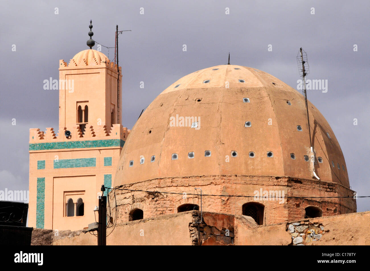 Dome and minaret of the Ben Youssef Mosque in the medina quarter of Marrakesh, Morocco, Africa Stock Photo