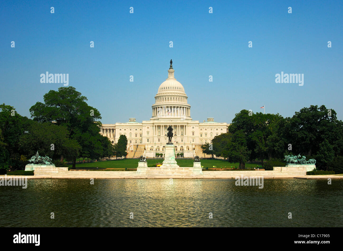 View of a lake and the western side of the Capitol with the central cupola, Washington, D.C., USA Stock Photo