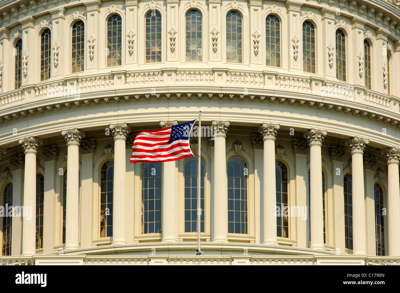 Cupola of the Capitol and the star spangled banner, Washington, D.C., USA Stock Photo