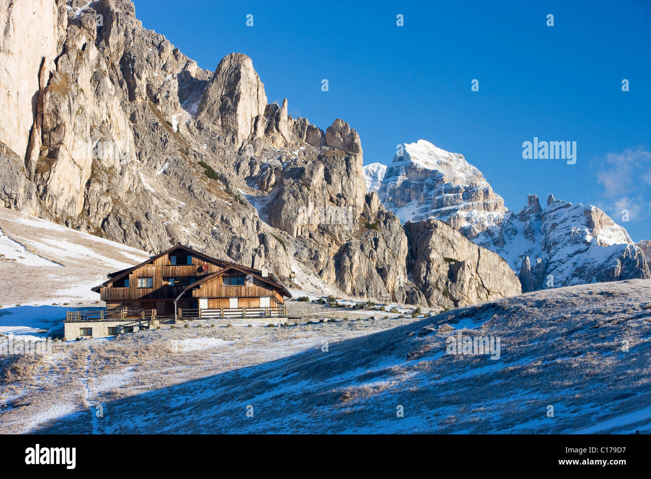 Lodge before eastern side of Ra Gusela, Ampezzan Dolomites, Belluno, Italy, Europe Stock Photo