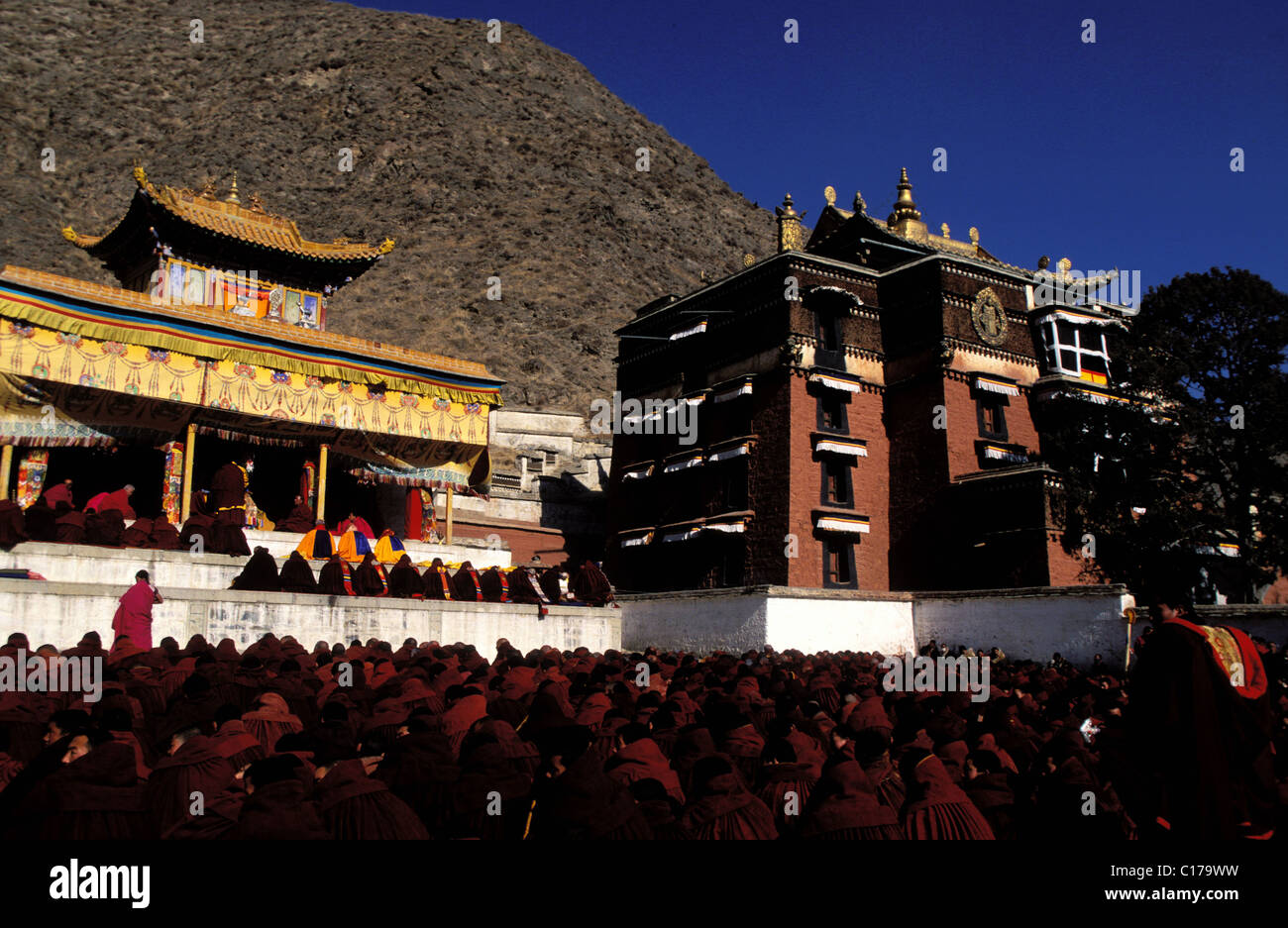 China, Tibet, Labrang, the 3rd day prayer in front of the Maitreya temple, future Buddha Stock Photo