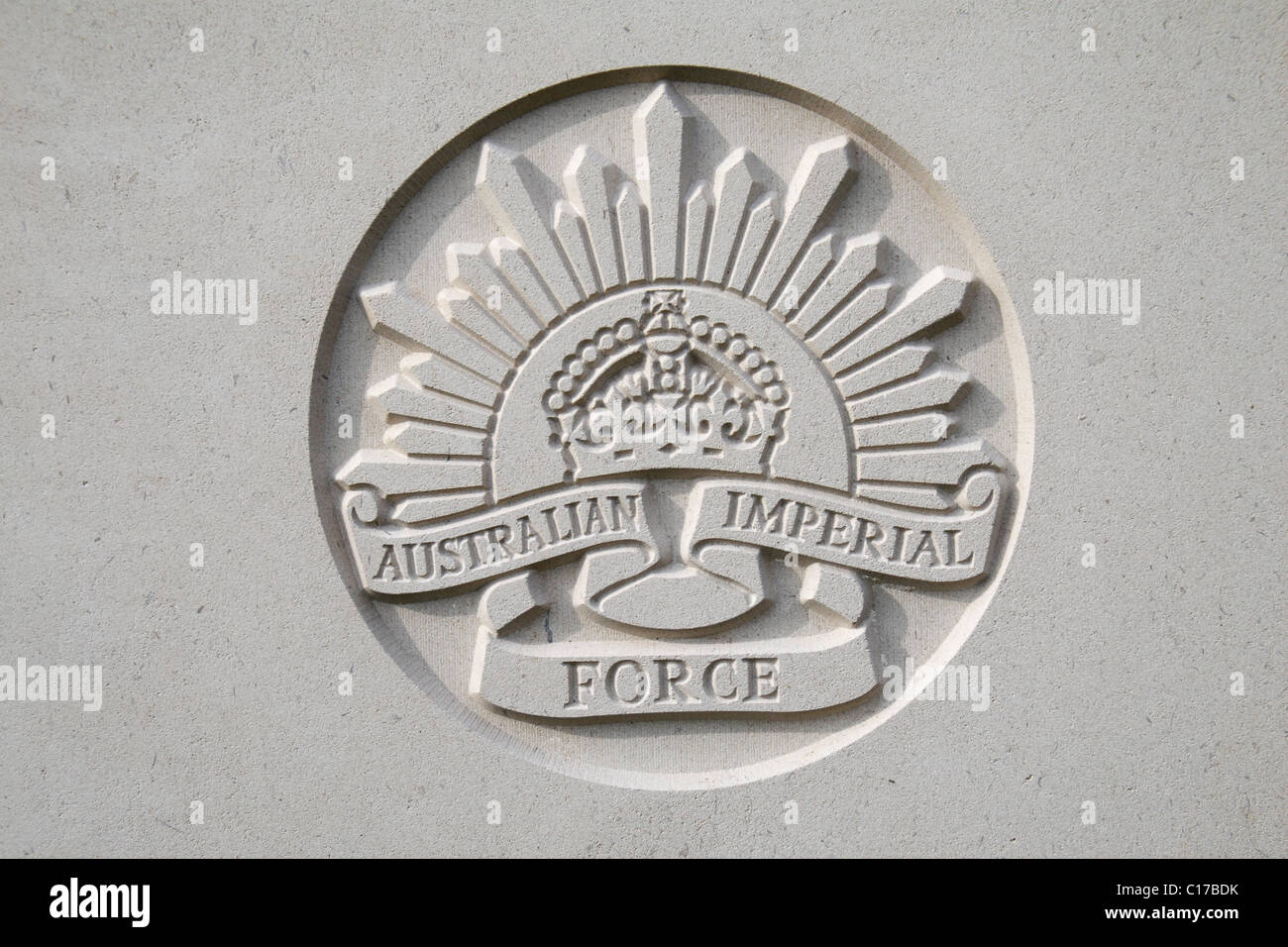The badge of the Australian Imperial Force on a headstone in the Fromelles (Pheasant Wood) Military Cemetery, Fromelles, France. Stock Photo