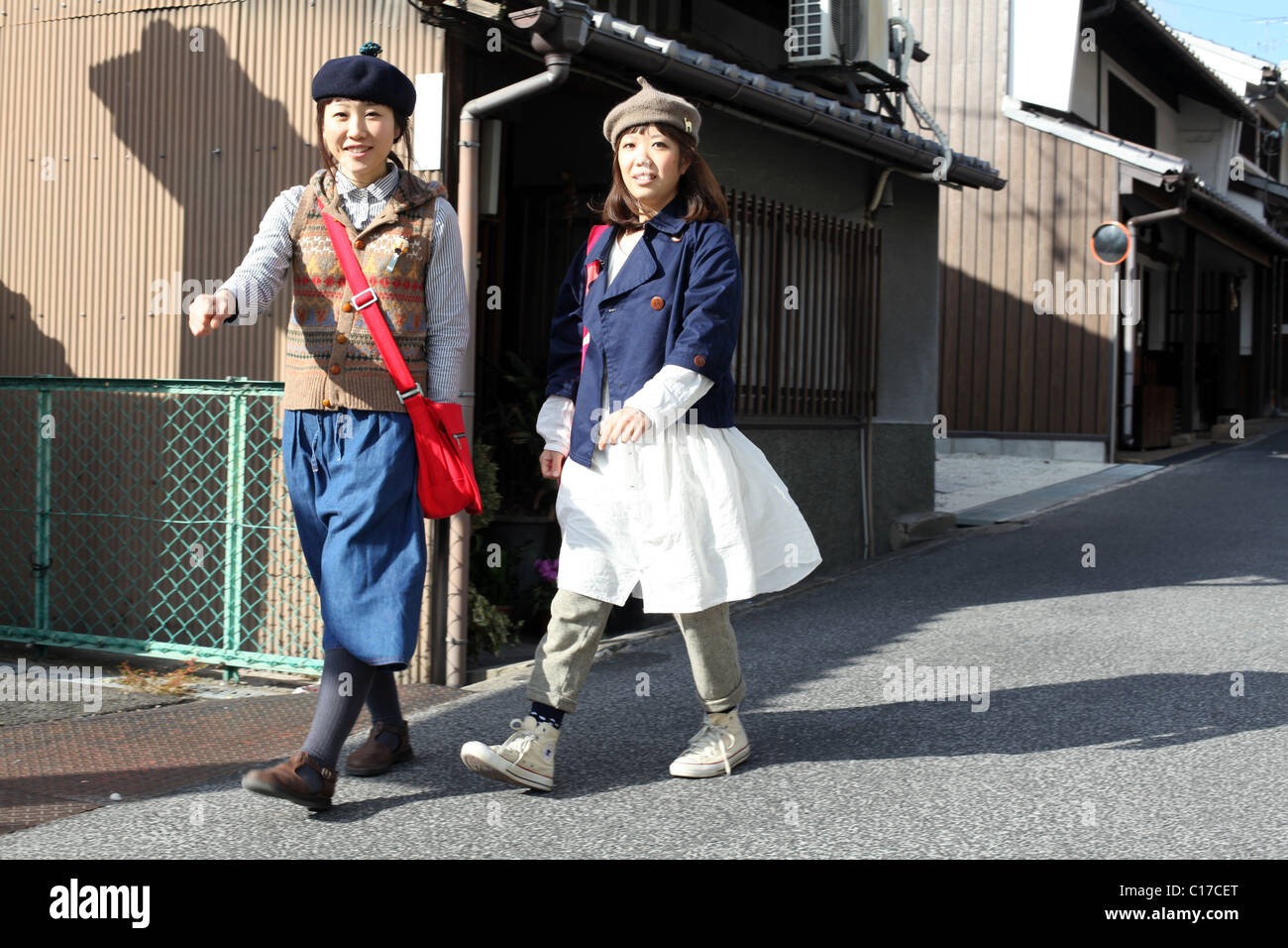 Japanese girls on their way home at lunchtime, Nara, Honshu, Japan. Stock Photo