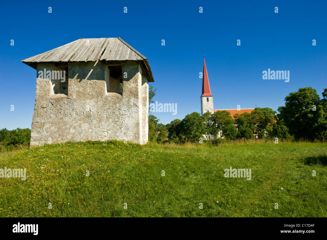 Church and watchtower in Kihelkonna, Saaremaa, Baltic Sea Island, Estonia, Baltic States, Northeast Europe Stock Photo