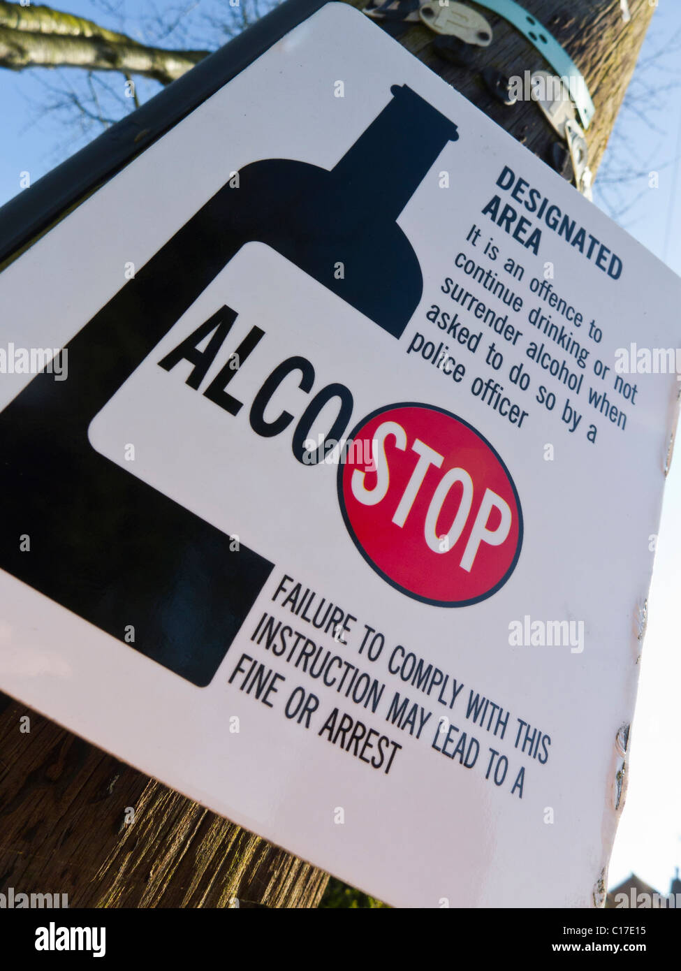 ALCO-STOP designated area sign instructing the public not to drink alcohol in this area. Stock Photo