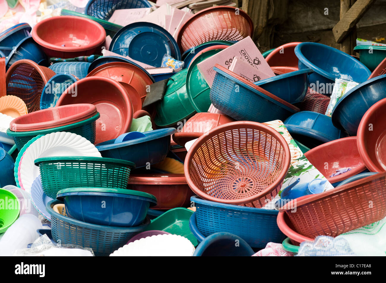 Plastic basket stall, central market, Nakuru, kenya Stock Photo
