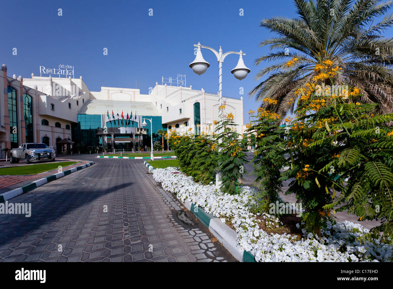 Exterior entrance to the Al Ain Rotana Resort Hotel in Al Ain, Abu
