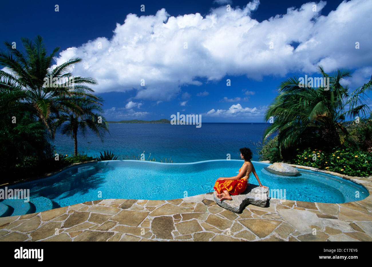 Woman at the spa pool of the Little Dix Bay Resort on Virgin Gorda ...