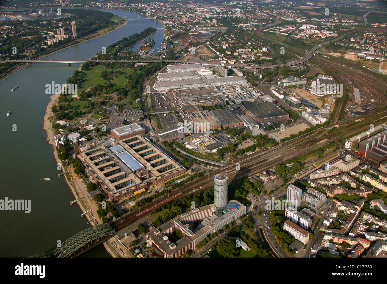Aerial view, Koelnmesse, Cologne fair grounds, Cologne, Rhineland, North Rhine-Westphalia, Germany, Europe Stock Photo