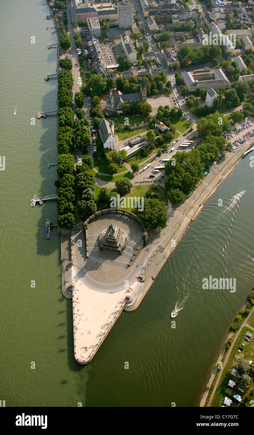 Aerial photograph, Moselle River joining the Rhine, Deutsches Eck, German Corner, with a monument to Kaiser Wilhelm, Wilhelm I Stock Photo