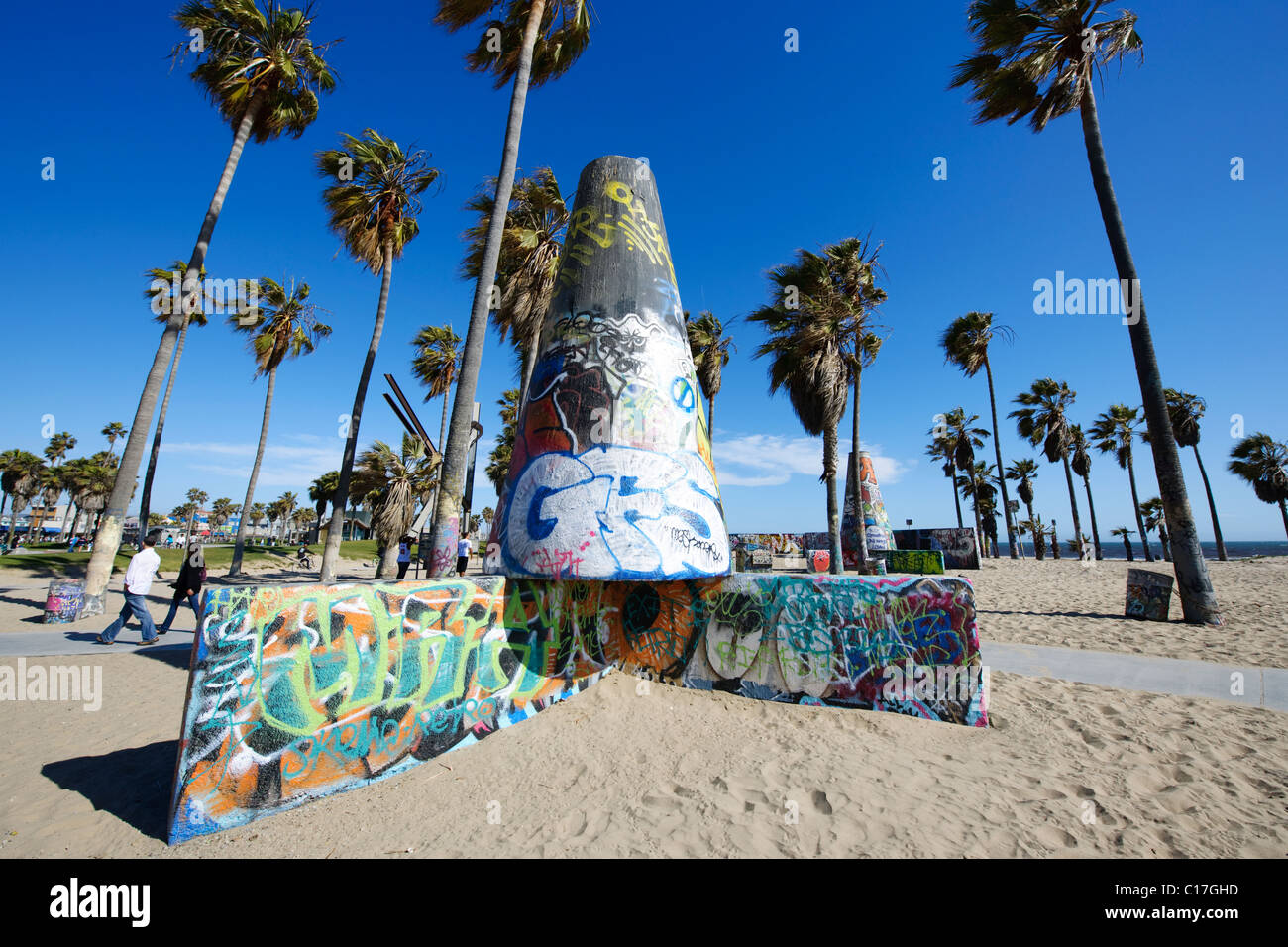 Venice Beach graffiti pit urban display art in the sand with blue sky
