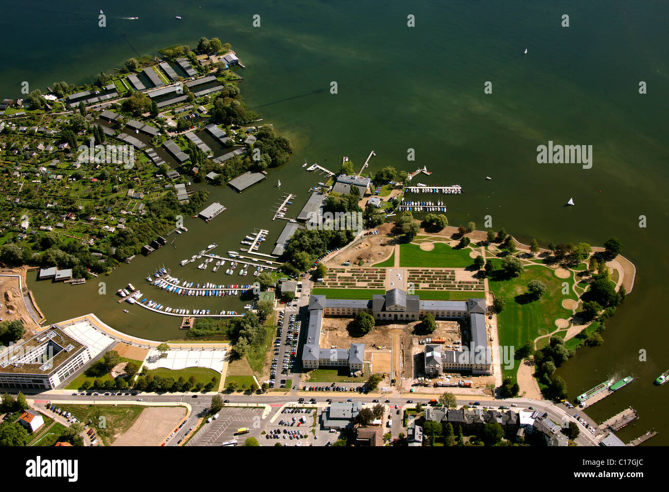 Aerial view, compound of the German Federal Garden Show 2009, Lake Schwerin, Mecklenburg lake district, Schwerin Stock Photo