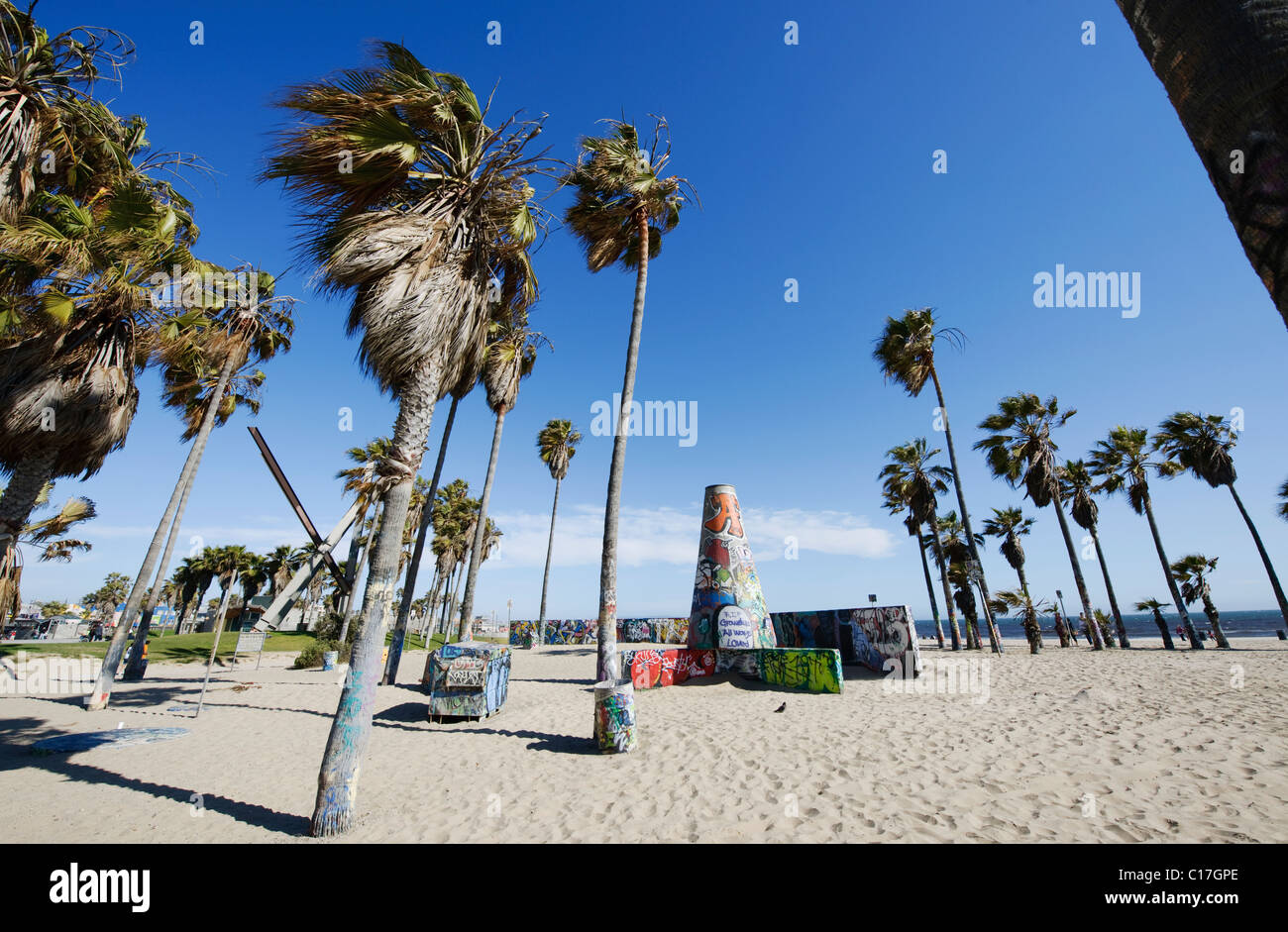 Venice Beach graffiti pit urban display art in the sand with blue sky