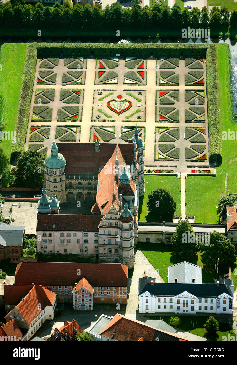 Areal view, Guestrow Castle, baroque garden, Barlachstadt, Guestrow, Mecklenburg-Western Pomerania, Germany, Europe Stock Photo