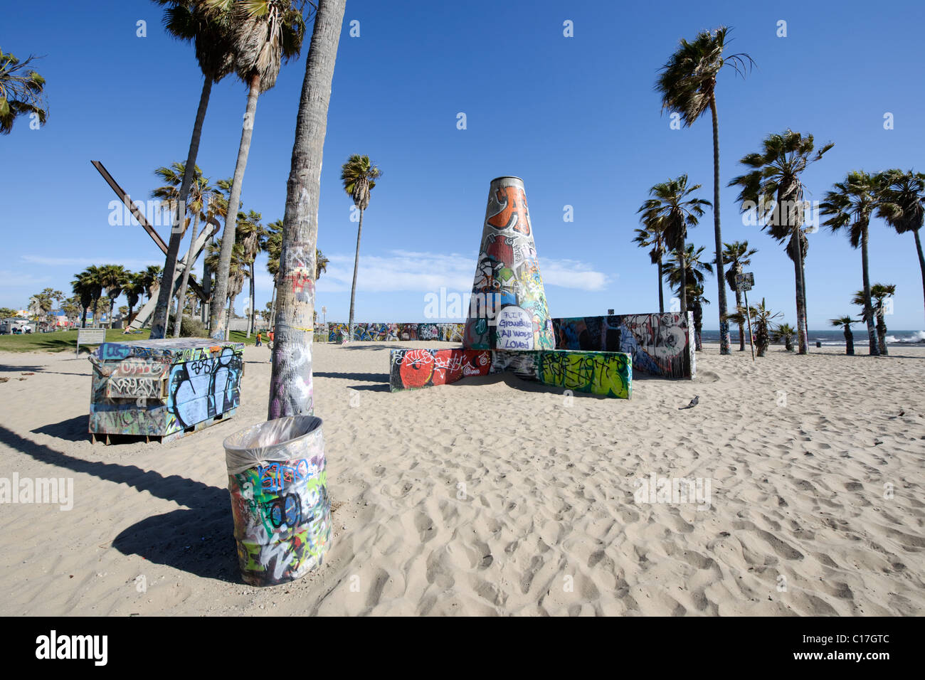 Venice Beach graffiti pit urban display art in the sand with blue sky