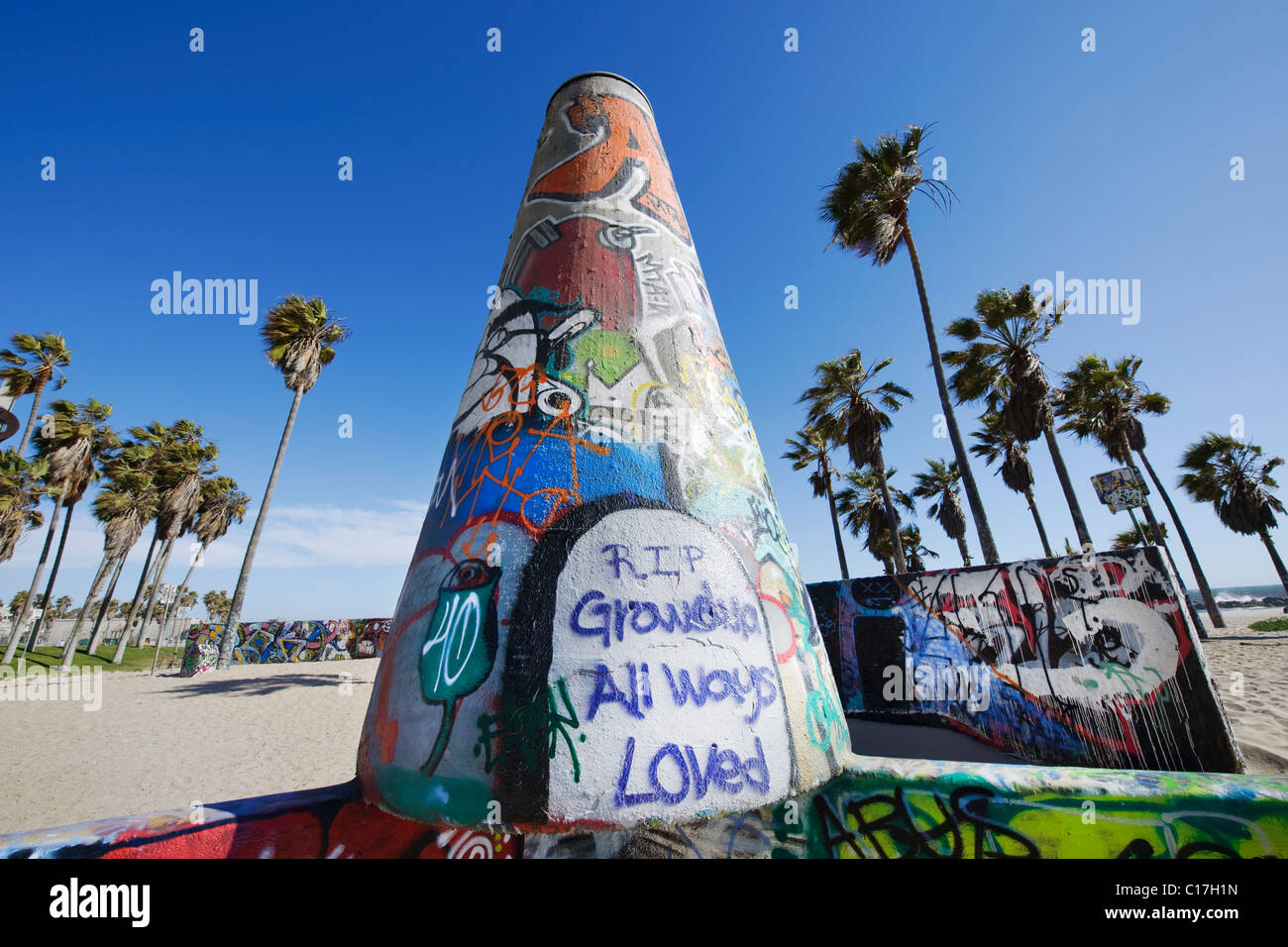 Venice Beach graffiti pit urban display art in the sand with blue sky