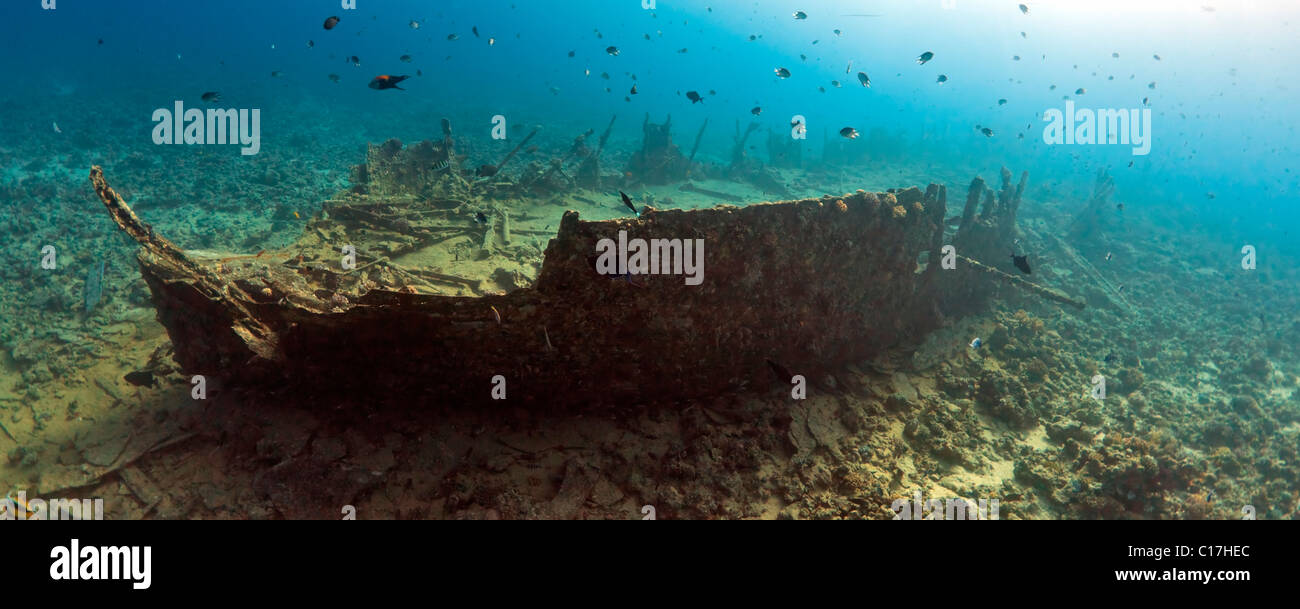 The Gubal Lagoon barge shipwreck fades into the gloom at Bluff Point in the Red Sea Gulf of Suez. Stock Photo