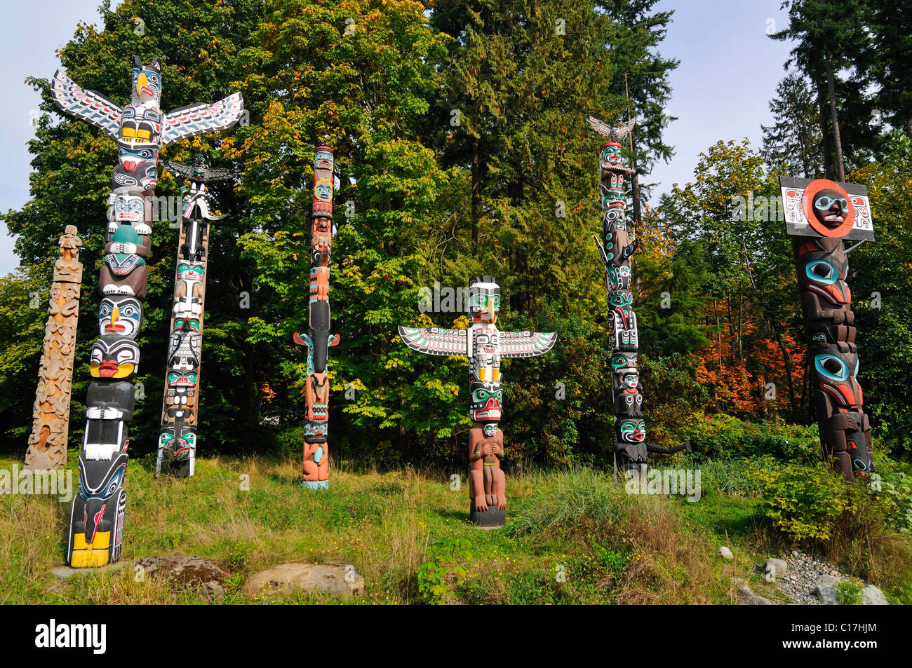Indian totem, totem poles in Stanley Park, Vancouver, British Columbia, Canada, North America Stock Photo