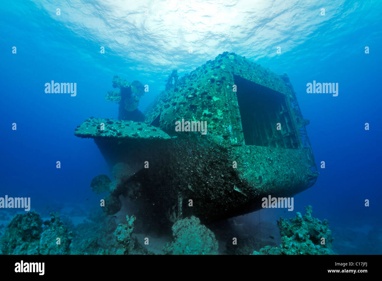 The propellers rudder and stern entrance of the Salem Express Ferry shipwreck which lies on Hyndman Reef in the Egyptian Red Sea Stock Photo