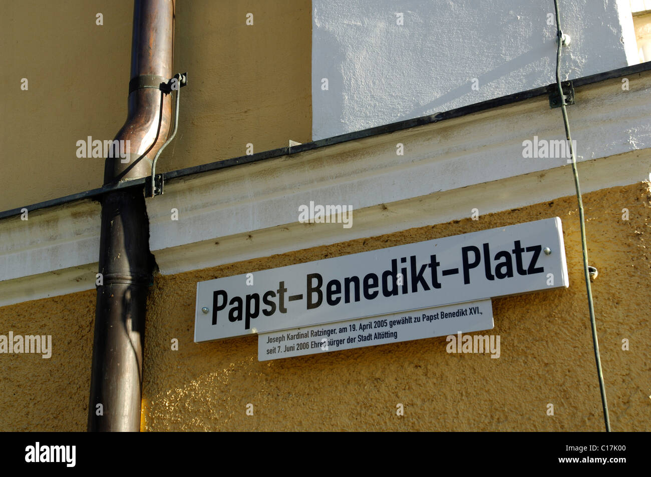 Papst-Benedikt-Platz, street sign, Altoetting, Chiemgau, Bavaria, Germany, Europe Stock Photo