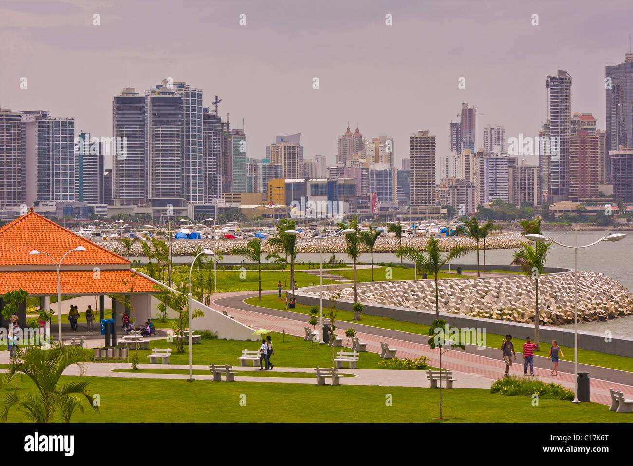 PANAMA CITY, PANAMA - Pedestrian walkway in urban park on Balboa Avenue on Panama Bay. Stock Photo