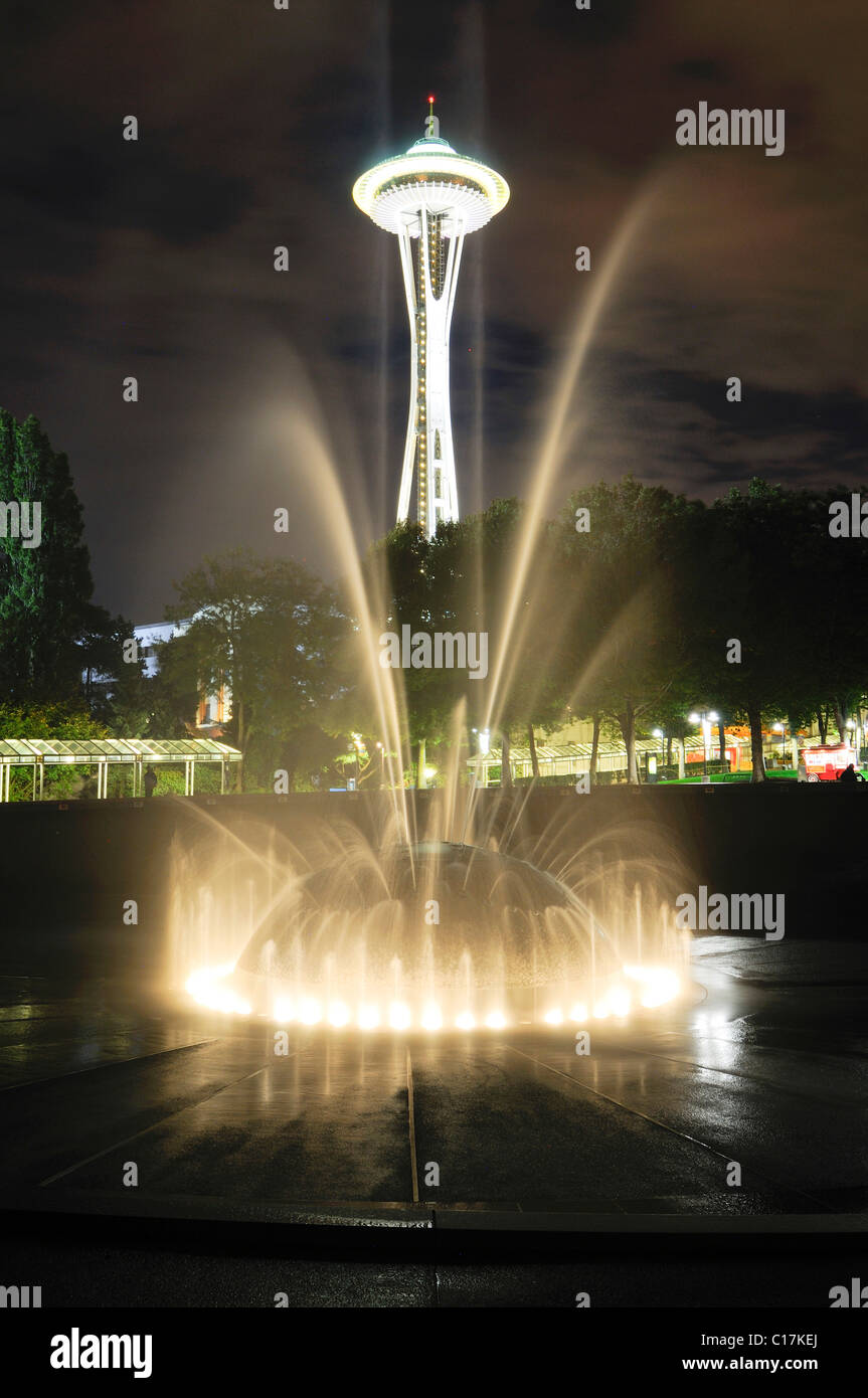 'The Fountain' in front of Space Needle, City Center, night shot, Seattle, U.S state of Washington, USA, North America Stock Photo