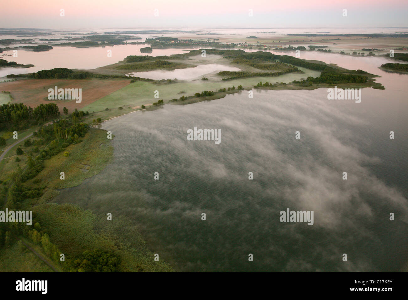 Aerial photograph, Mueritz, River Elde, Mueritz arm, Lake Kleine Mueritz, Mueritz National Park, early morning fog Stock Photo