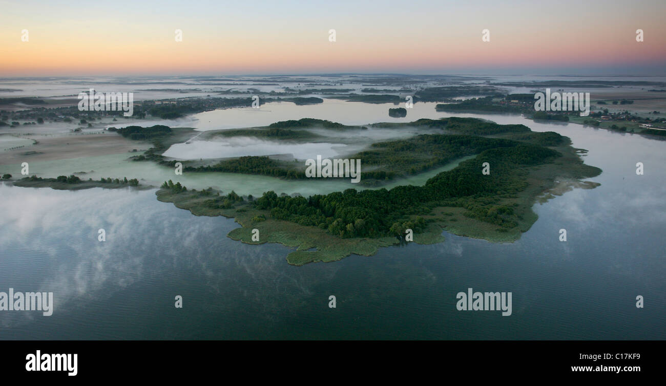 Aerial photograph, Mueritz, River Elde, Mueritz arm, Lake Kleine Mueritz, Mueritz National Park, early morning fog Stock Photo