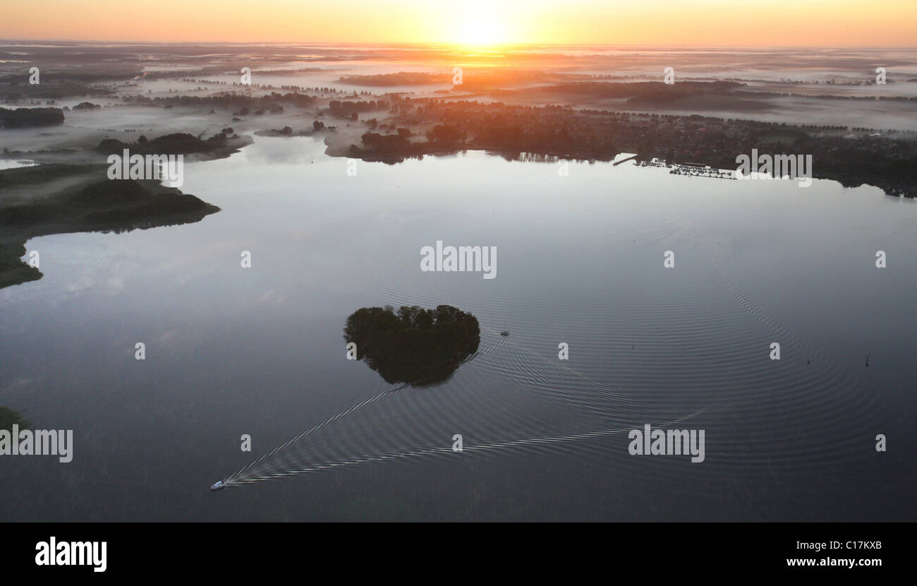 Aerial photograph, Lake Kleine Mueritz, Mueritz arm, island, sunrise, early morning fog, Mecklenburg Lake District Stock Photo