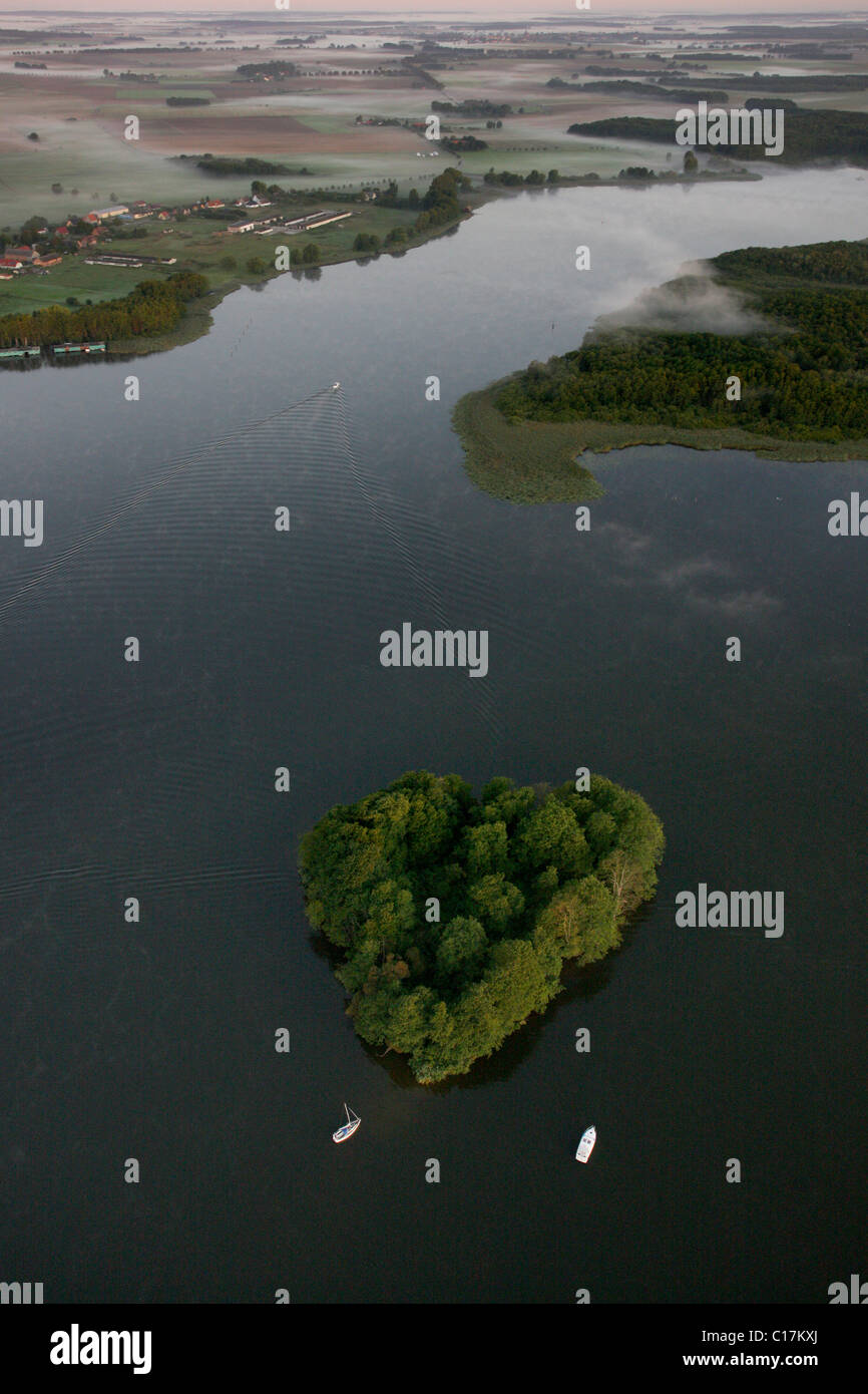 Aerial photograph, Lake Kleine Mueritz, Mueritz arm, island, sunrise, early morning fog, Mecklenburg Lake District, Rechlin Stock Photo