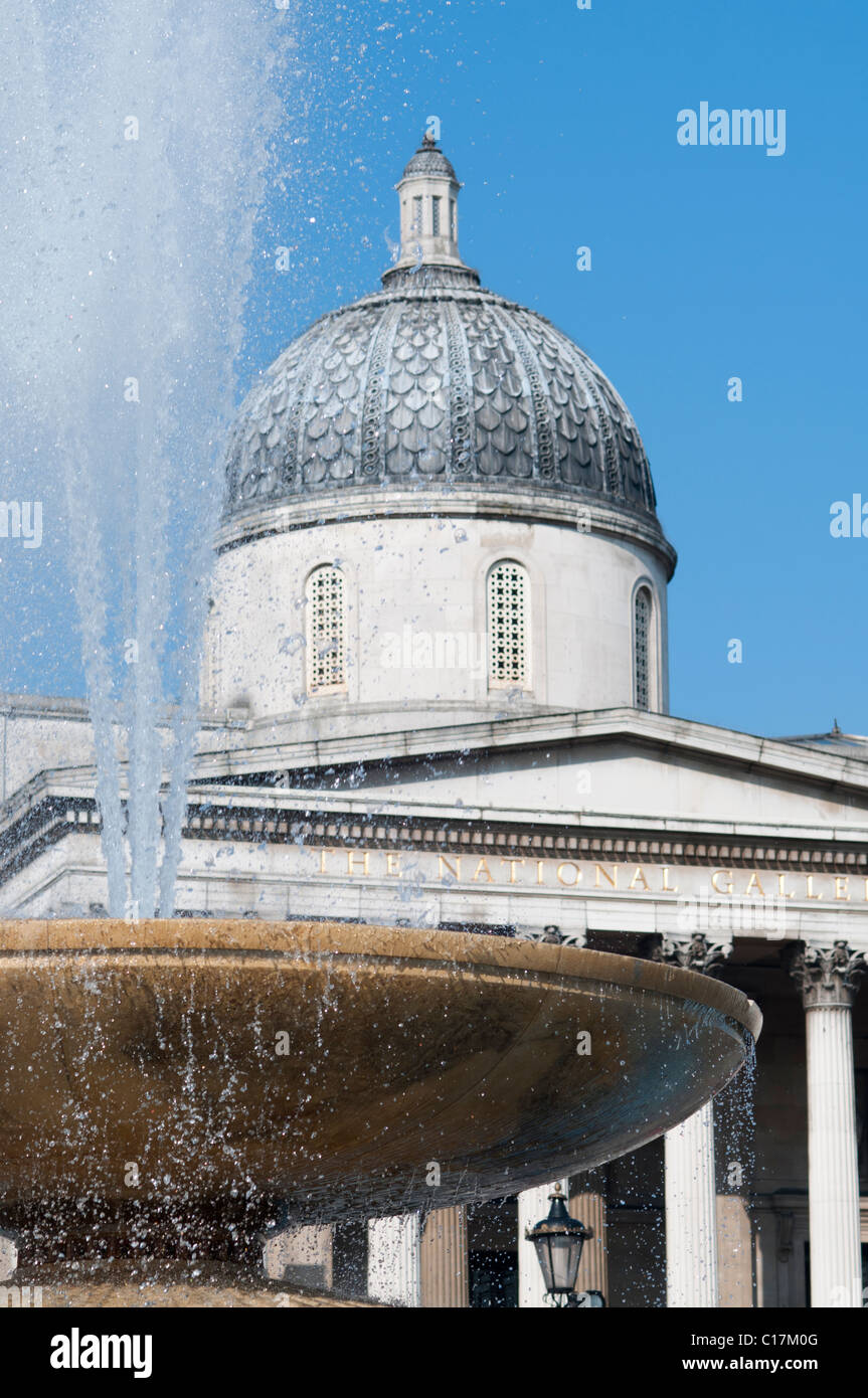 Close up of the fountain with The National Gallery, in Trafalgar Square,London,England Stock Photo