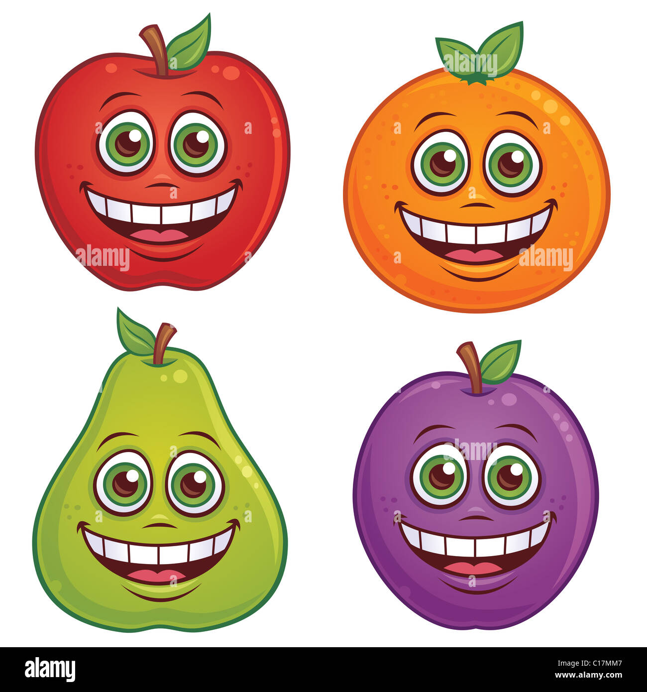 Vector cartoon illustration of fruit with smiling faces. Apple, orange, pear and plum characters