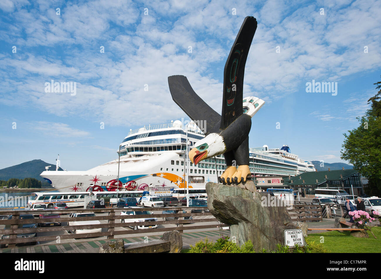 Ketchikan, Alaska. Cruise ship and Bald eagle totem near cruise