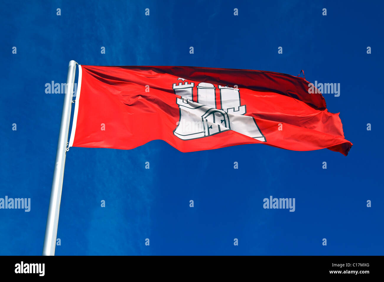 Flag Of Hamburg Bearing City Coat Of Arms Blowing On Flagpole