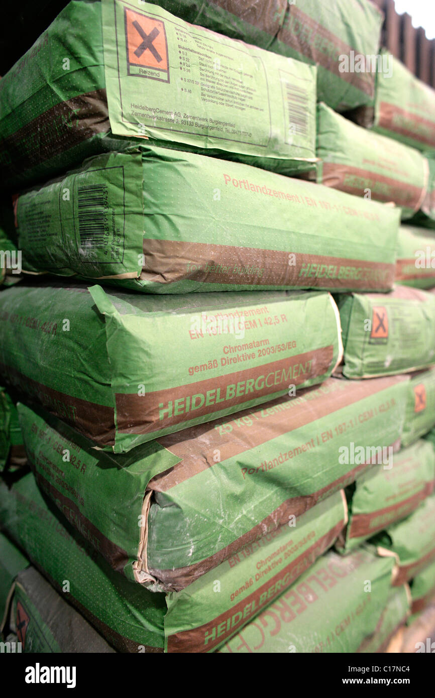 Cement bags in the storage hall of the cement production in the