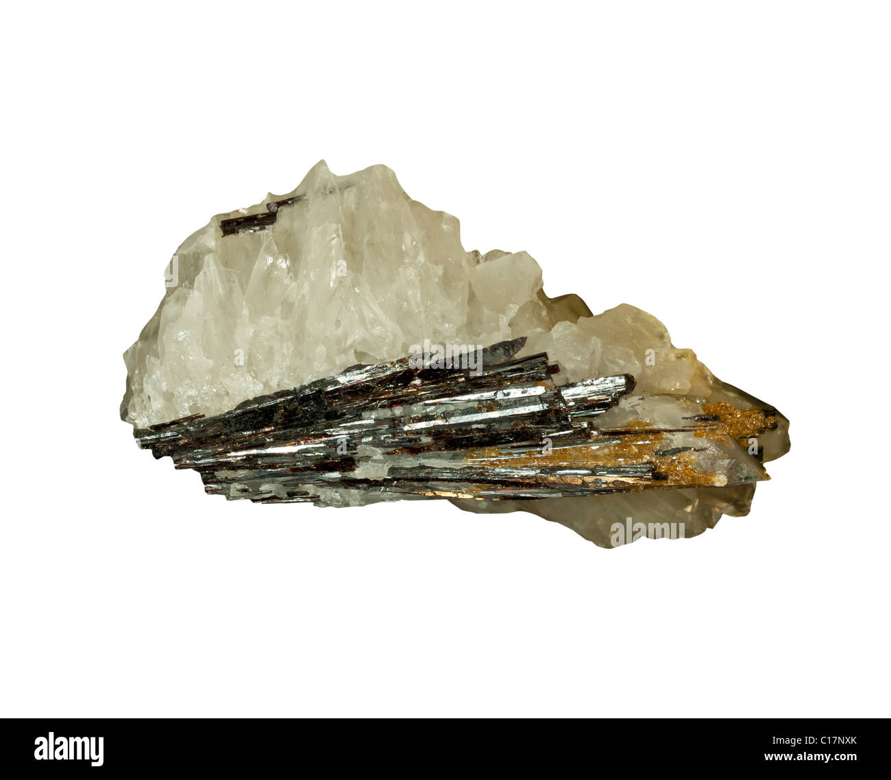 Hubnerite crystals on Quartz from Mexico Stock Photo