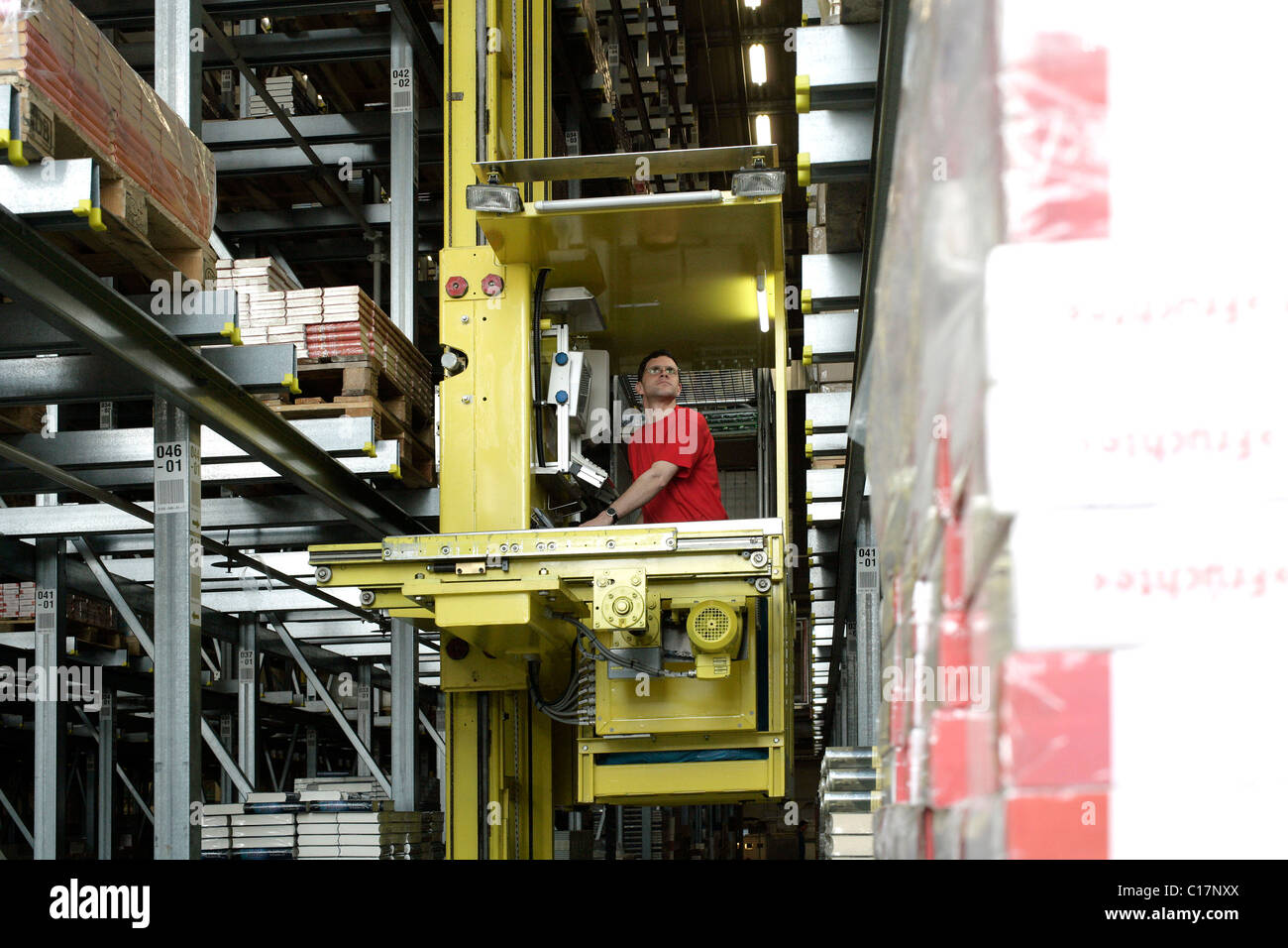 An employee of the Weltbild Publishing Group in the logistics centre taking a selection of books in a selective distribution Stock Photo