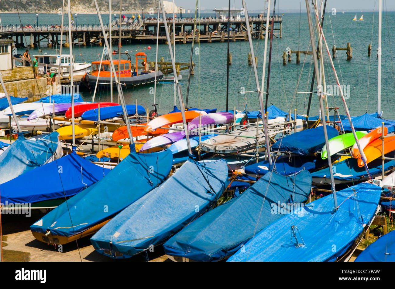 Rows of Dinghies and Kayaks at a Sailing Club Stock Photo