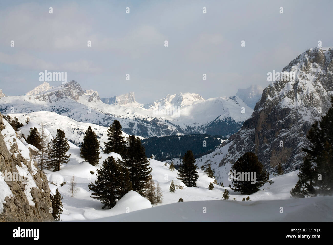 Passo Gardena Grodner Joch looking down the valley in the direction of  Colfosco and Corvara Selva Dolomites Italy Stock Photo