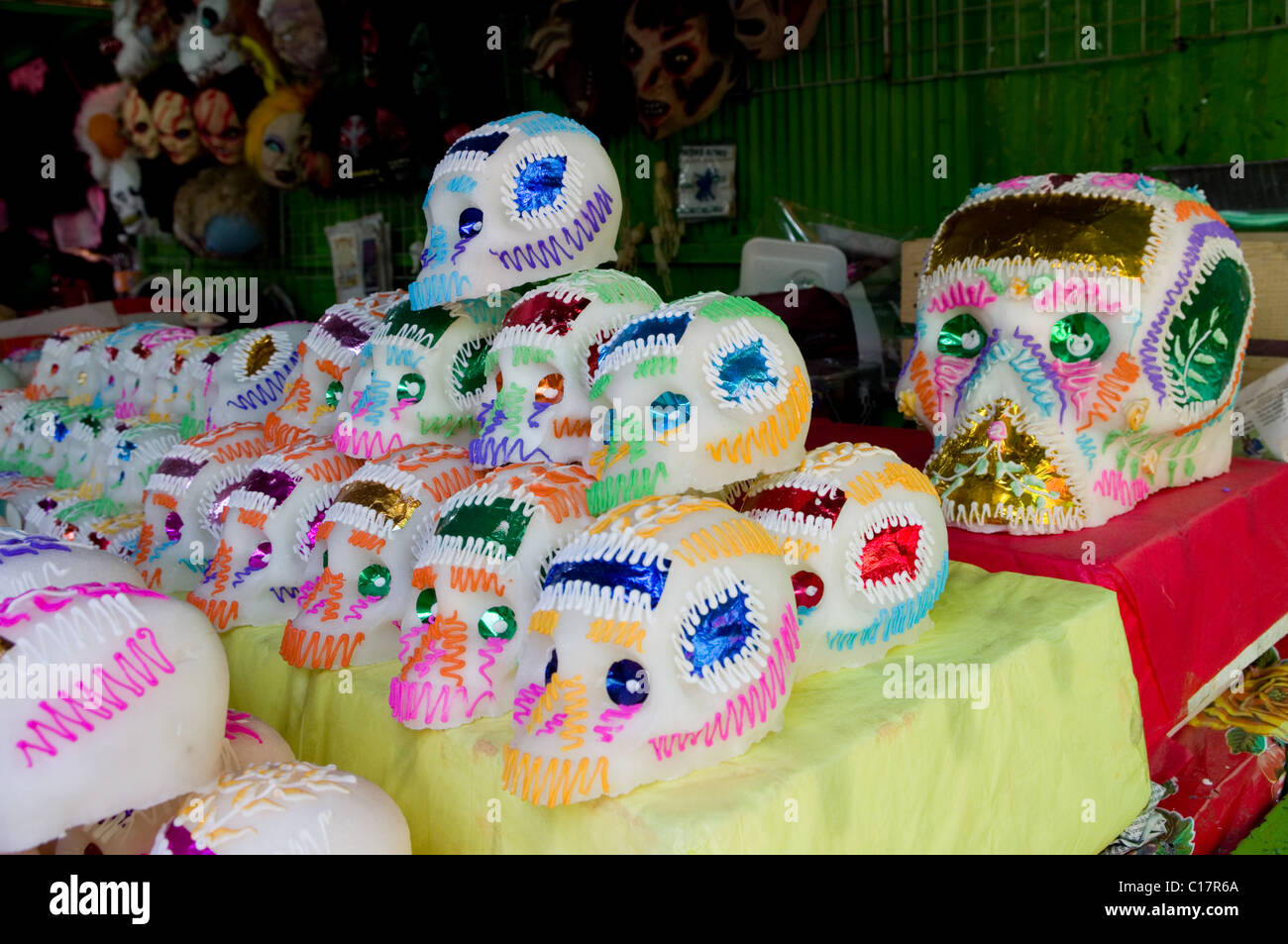 Sugar skulls (Calaveras) being sold at a market in Xochimilco, Mexico Stock Photo