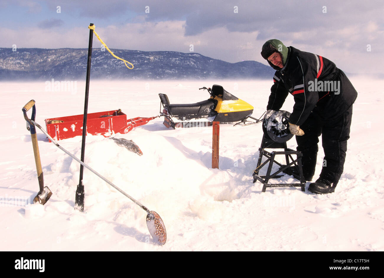 Canada, Quebec Province, ice fishing in the fjord of Saguenay Stock