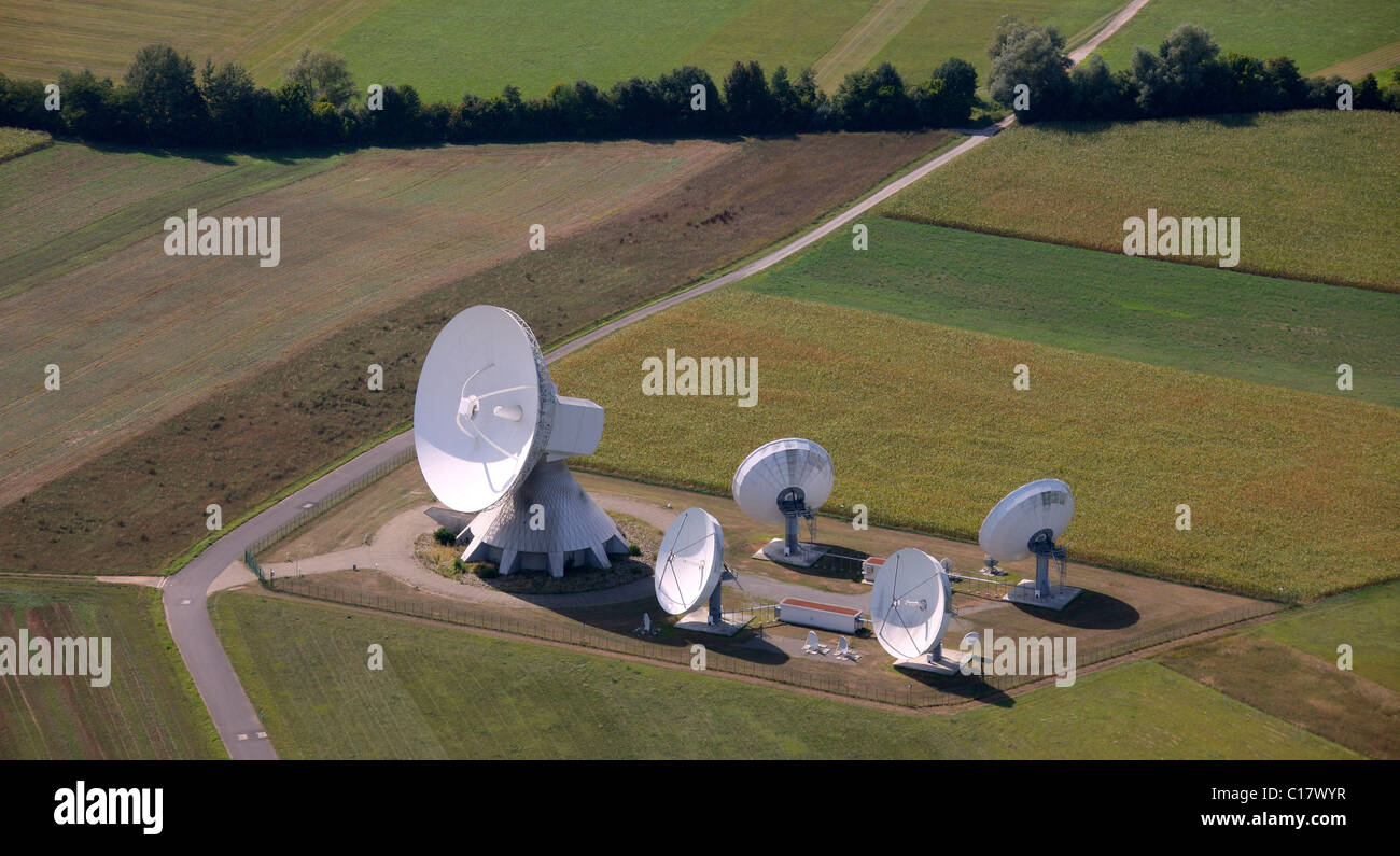 Aerial picture, Fuchsstadt earth station, Intelsat, dish antenna, Hammelburg, Lower Franconia, Bavaria, Germany, Europe Stock Photo