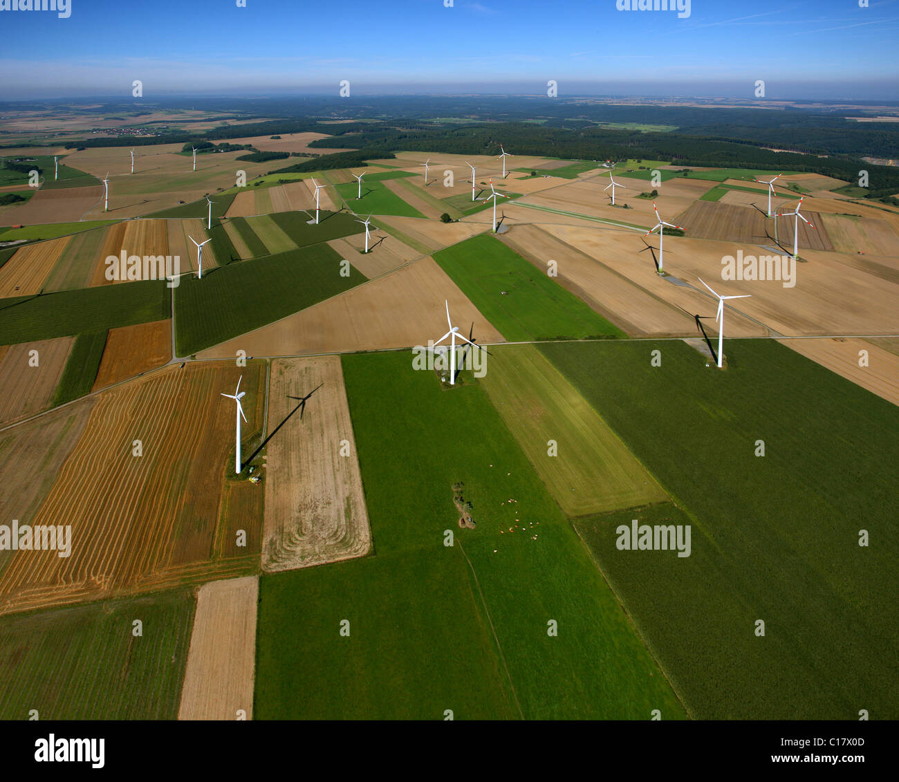 Aerial picture, wind power plants, wind energy, fields, meadows, agriculture, Brilon, Saarland