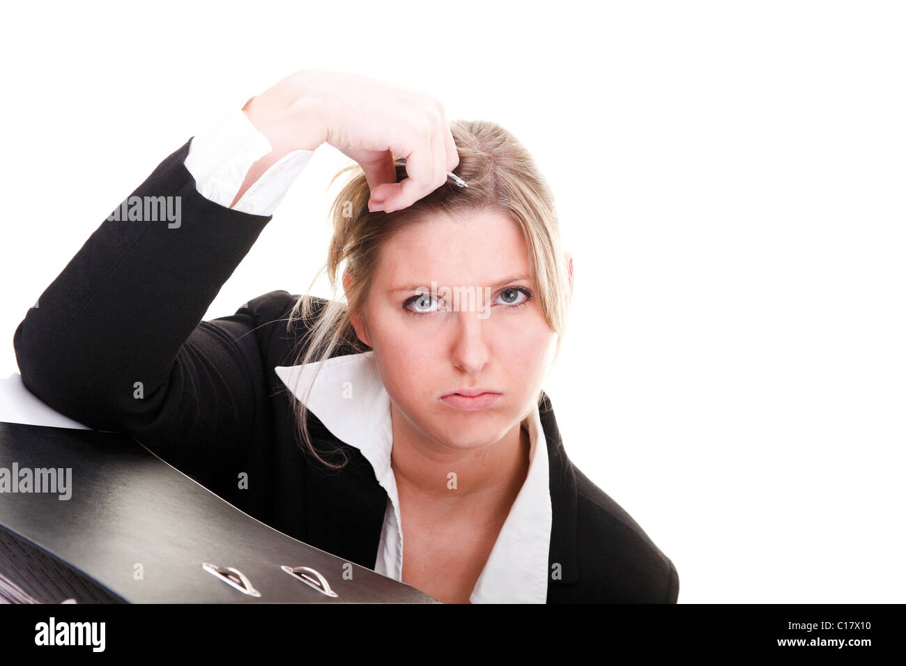 Woman wearing a costume, bored in the office Stock Photo
