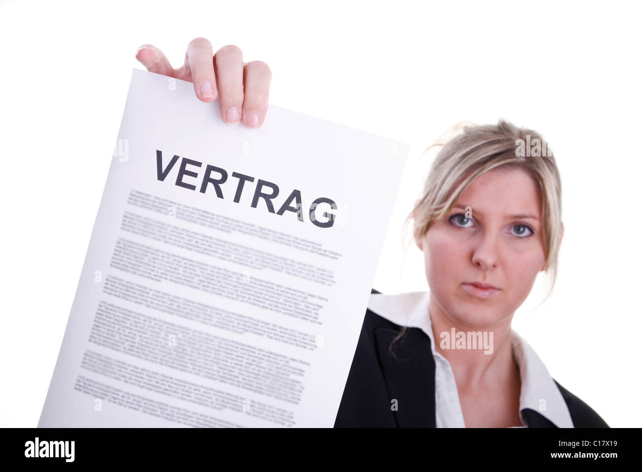 Woman wearing a costume, holding a contract Stock Photo